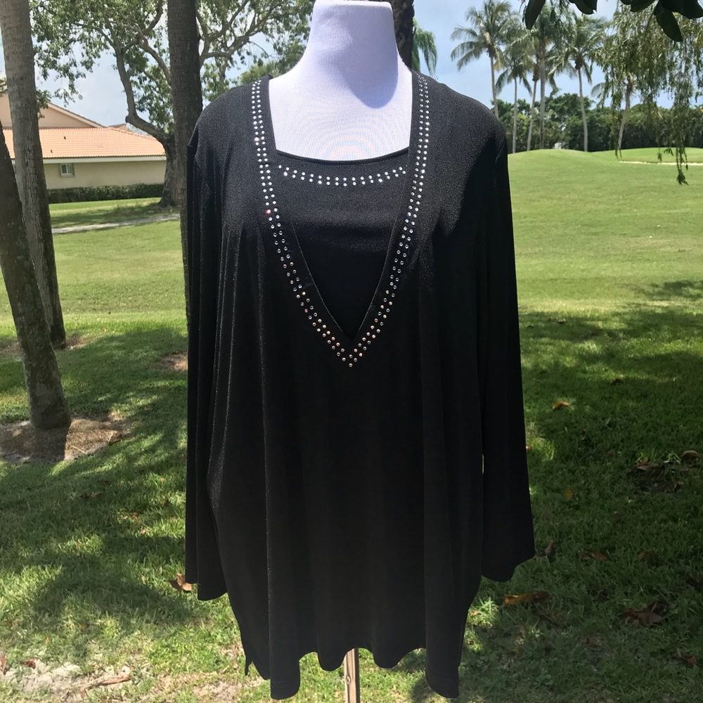Quacker Factory Black Layered Top w/ Rhinestones